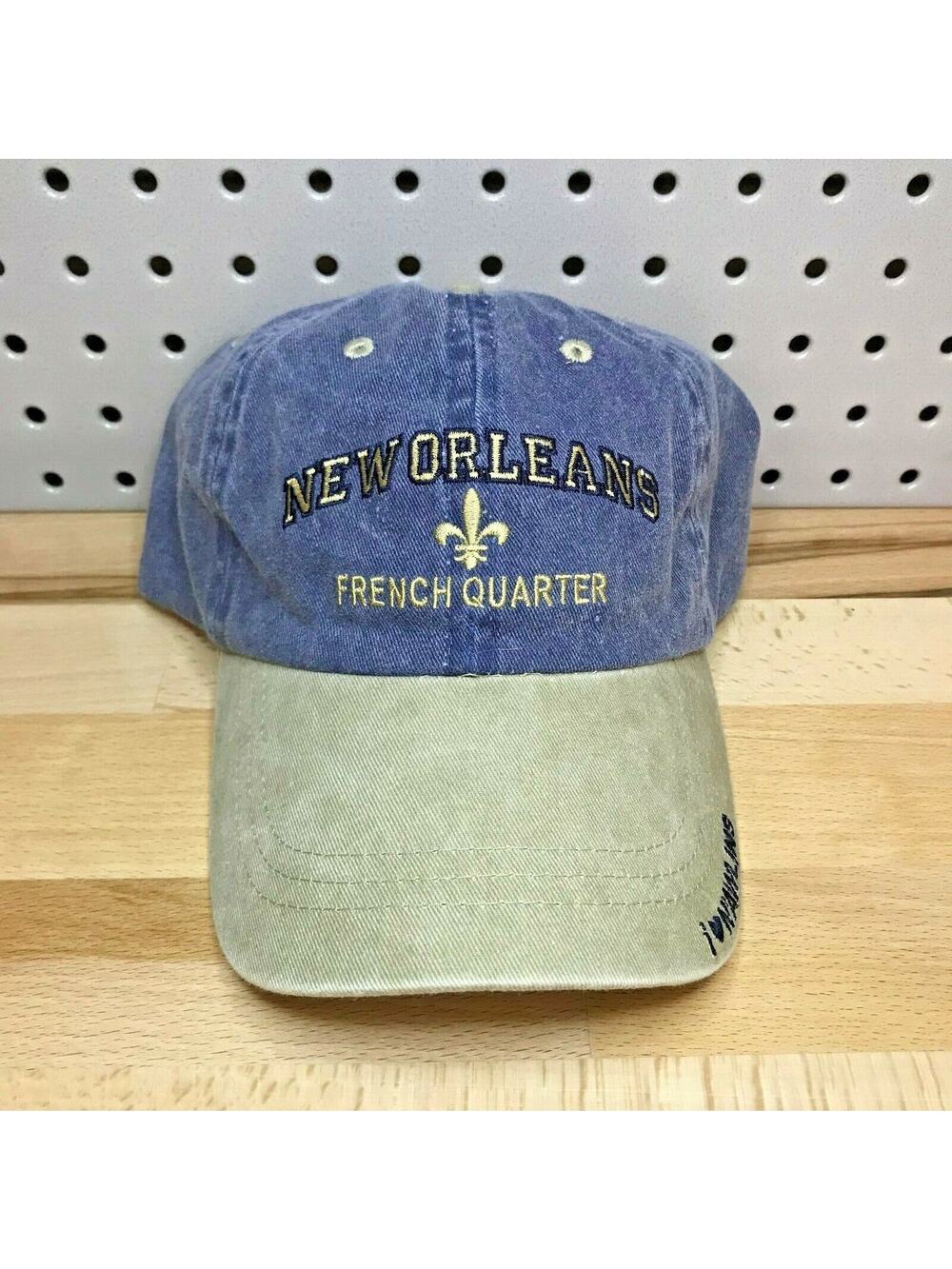 Vintage New Orleans French Quarter I Love N'awlins Hat FLEUR-DE-LIS Blue Tan Cap